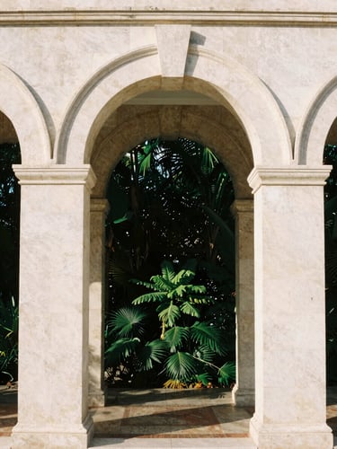 Warm editorial photography of Spanish-Mediterranean limestone arches in Coral Gables, soft natural morning light, deep forest green foliage shadow