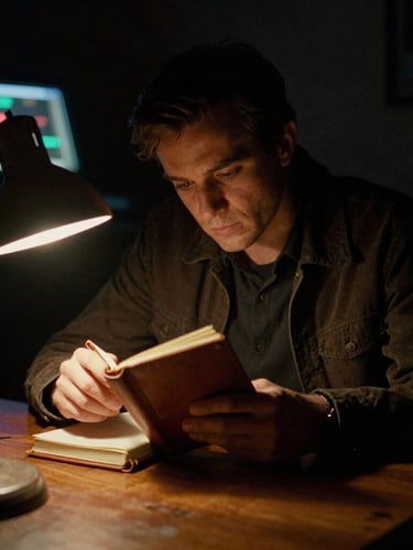 Cinematic portrait of a man in deep shadow, warm localized desk-lamp light illuminating a leather field journal, low-key 35mm film grain