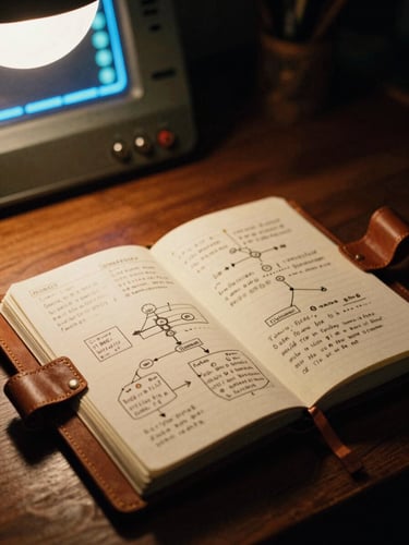 A close-up of a traveler's leather field journal open on a wooden desk, detailed hand-drawn system diagrams and notes, warm localized lamp light, 35mm film grain