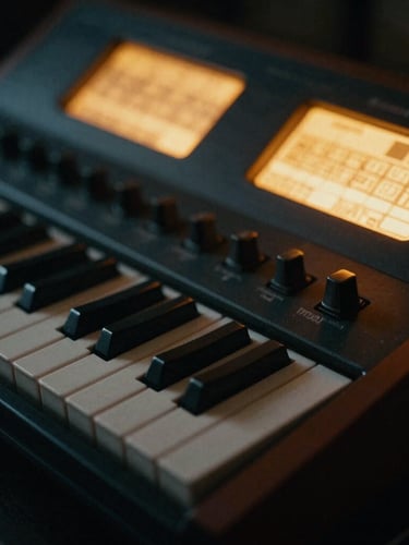 Moody low-key macro shot of an analog synthesizer keyboard with warm amber glowing terminal screens in the background, cinematic 35mm film grain.