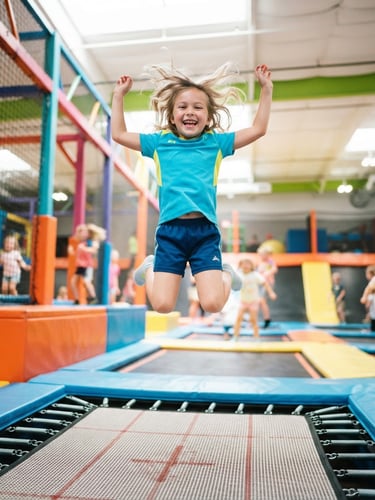 Vibrant action shot of a happy child jumping high on a trampoline, bright indoor lighting, dynamic low angle, crisp 35mm