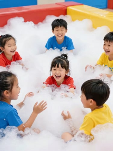 Vibrant action photography of a happy family laughing together in a clean, brightly lit foam pit, bright high-key indoor lighting, saturated energetic colors, dynamic low-angle framing, crisp 35mm.