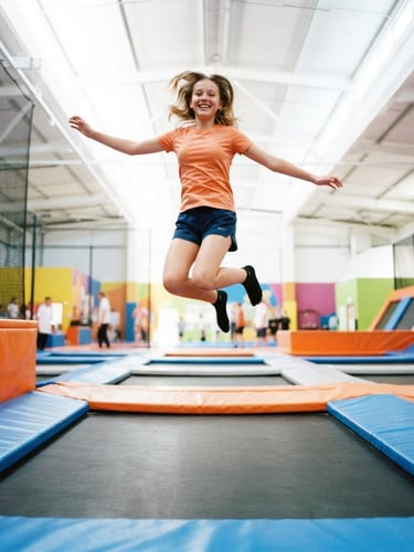 Vibrant action photography of a teenager mid-air performing a safe jump on a trampoline, bright high-key indoor lighting, saturated blue and orange safety pads, dynamic low-angle framing looking up, crisp 35mm.