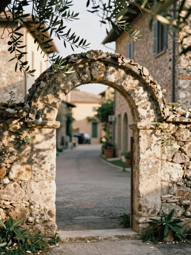 Vertical portrait of a weathered stone archway in a quiet Italian village, olive branches framing the top, soft warm afternoon sun casting gentle shadows, 35mm film