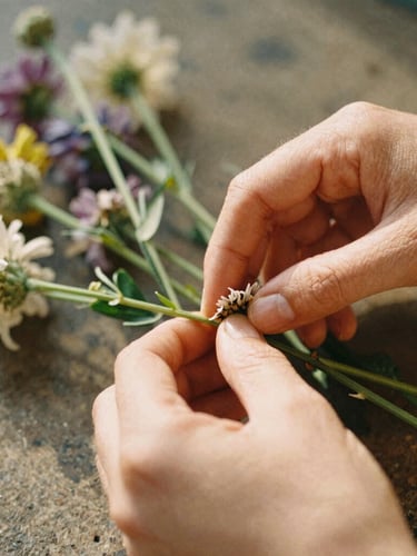 Close-up of hands gently arranging raw floral stems under warm, diffused afternoon sunlight, earthy organic tones, shallow depth of field, 35mm film