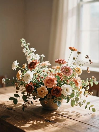 A vertical portrait of a wild, asymmetrical floral arrangement on a rustic wooden table, warm diffused afternoon sunlight filtering through a window, soft terracotta and sand tones, shallow depth of field, 35mm film