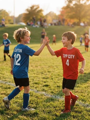 Warm candid sports photography of local Ohio kids high-fiving on an outdoor soccer field during golden hour, 35mm, shallow depth of field.