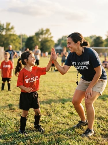Warm candid portrait of a local volunteer coach high-fiving a young soccer player on a sunny Ohio public field, golden-hour light, 35mm
