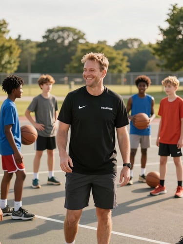 Candid eye-level portrait of a smiling volunteer coach with diverse youth basketball players on an outdoor public court in Ohio, warm afternoon daylight, 35mm.