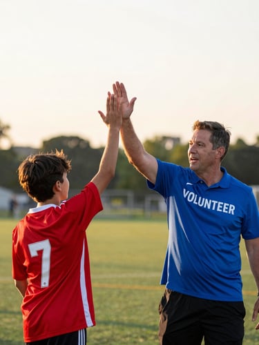 A warm candid portrait of a volunteer coach high-fiving a young soccer player on an outdoor Ohio field during sunset, shallow depth of field, 35mm.
