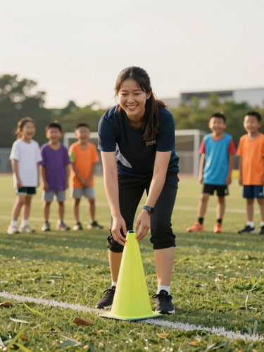 A smiling volunteer coach organizing cones on an outdoor grass field with children laughing in the background, warm overcast daylight, natural framing