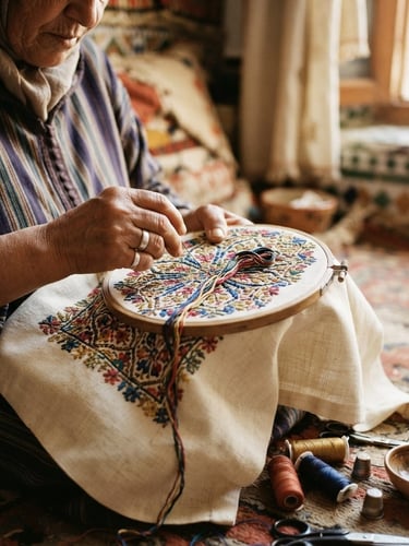 Close-up shot of a woman's hands delicately embroidering a traditional Tetouani pattern with colorful threads, natural Moroccan sunlight illuminating the details, warm editorial photography.