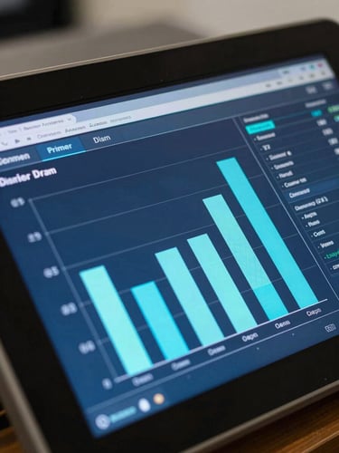 Primer plano de un panel de control financiero corporativo en una pantalla táctil, gráficos de barras limpios en azul y cian, reflejo sutil de luces de oficina.