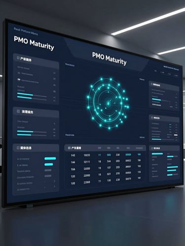 Wide-angle high-fidelity UI dashboard displaying real-time PMO maturity metrics, dark blue and slate gray interface, glowing electric cyan data nodes, clean geometric lines, cool-toned corporate studio lighting.