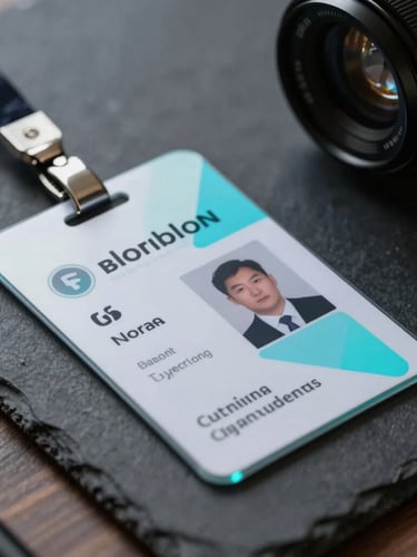 Close-up shot of a sleek physical certification credential resting on a dark slate desk, subtle electric cyan lighting reflecting off a glass corner, clean geometric design.
