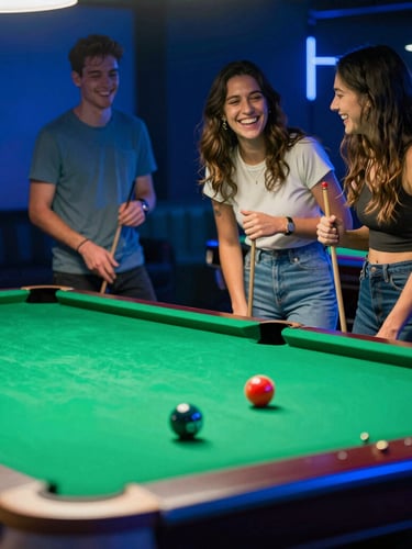 Vibrant low-key photography of friends laughing around a pool table under neon blue and acid green ambient lighting, shallow depth of field, 35mm lens.