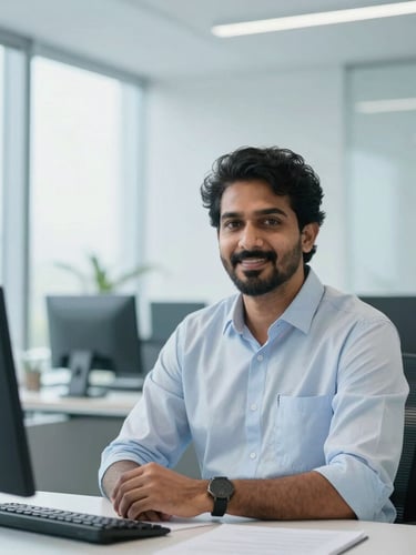 Confident professional portrait of Hari Prasad in a bright, daylight-filled modern office in Kerala, minimalist background, cool blue undertones, sharp focus, 35mm