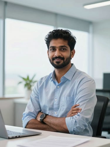 Confident portrait of a South Indian digital marketing strategist in a bright, daylight-filled modern office in Kerala, 35mm photography.