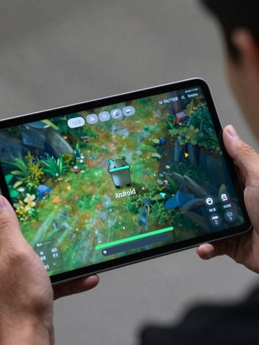 Macro over-the-shoulder shot of a developer profiling a 120Hz native game on an Android tablet, green rim lighting casting on glass.