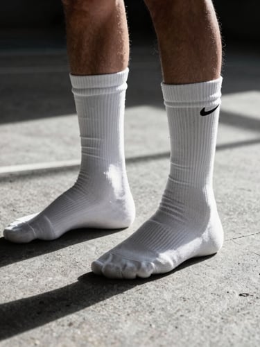 Low-angle action shot of basketball player's feet in high-performance white compression socks on a concrete court, dramatic natural sunlight with strong shadows, high-contrast athletic photography.