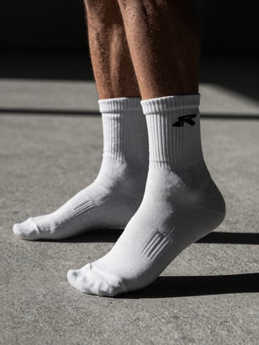 Low-angle action shot of an athlete's feet pivoting on a concrete basketball court, sharp focus on the high-performance sock texture, dramatic natural sunlight with deep shadows, desaturated grayscale tones, 35mm lens.