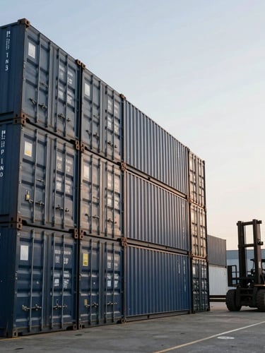 Low-angle heroic shot of premium navy and charcoal shipping containers stacked neatly in a Baltimore yard under crisp morning light, heavy forklift visible in background.
