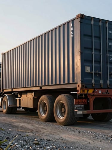 Heroic low-angle shot of a heavy flatbed truck delivering a new 40ft dark navy shipping container onto gravel, crisp morning light catching the steel ridges, industrial Baltimore background.