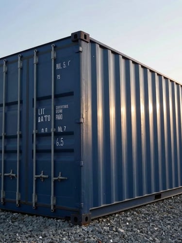 Low-angle heroic shot of a clean, navy blue 40ft shipping container resting in the Baltimore yard, morning sun reflecting off the steel ridges, gravel ground.