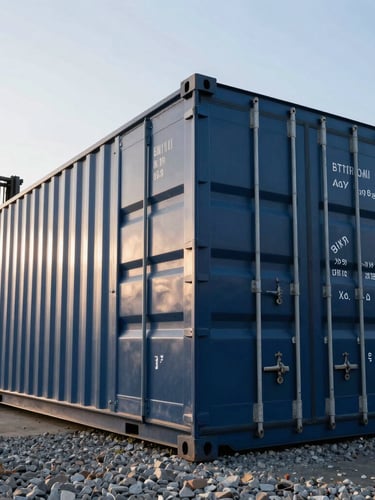 Low-angle heroic shot of a pristine navy blue 20ft shipping container resting on the gravel of our Baltimore yard, crisp morning light highlighting the metallic ridges, heavy-duty forklift visible in the background.
