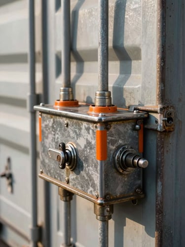Close-up of industrial shipping container locking rods and a heavy steel lockbox, morning light catching the metallic welds and safety orange paint accents.