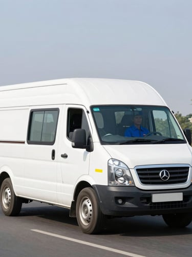 A clean white delivery van on a bright Delhi NCR highway during midday, professional driver wearing a crisp blue uniform visible in the side mirror, high-contrast corporate style.