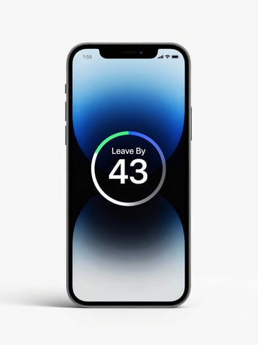 Premium tech product photography, bright clean studio light, minimalist white background, a high-fidelity smartphone showing the TurnPe countdown ring with 'Leave By' time.