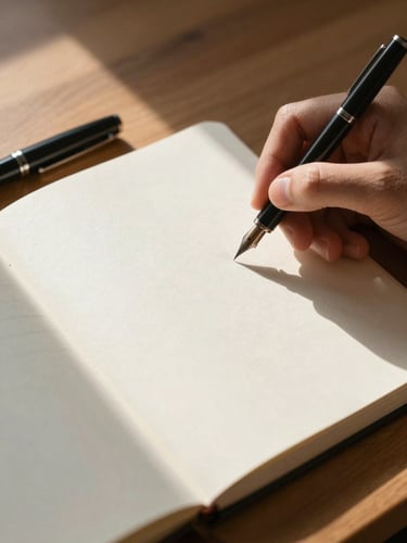 Close environmental shot from above — a hand writing in an open journal on a wooden desk, north-facing daylight streaming from the left, a capped fountain pen resting beside the page, soft shadows across cream paper