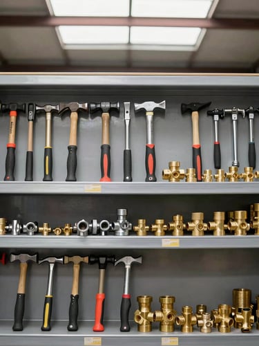 Straight-on eye-level shot of neatly organized warehouse racks holding heavy-duty hand tools, steel hammers, and brass sanitary fittings under natural warehouse skylight.