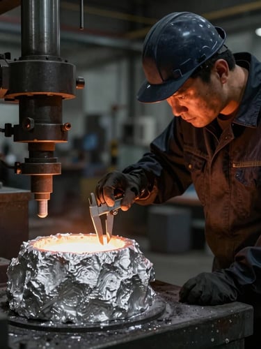 An experienced foundry engineer in dark protective gear inspecting a cooling aluminum casting with precision calipers, dramatic side lighting, deep shadows