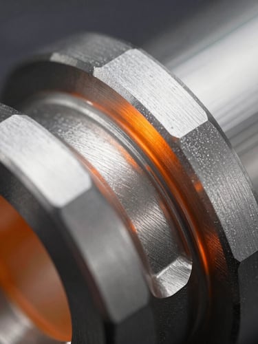 Macro shot of a high-tolerance cast aluminum component with sharp parting lines, dramatic orange key light reflecting off metallic textures, 50mm lens