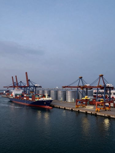 Wide panoramic view of a bulk commodity port terminal at dusk, rows of storage silos and loading gantries stretching to the right edge, a container vessel moored at the quay under cool overcast light, deep navy water in the foreground