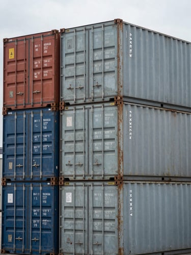 Close environmental detail of stacked steel shipping containers at a logistics hub, overcast cool daylight, painted container surfaces showing numbering and markings, no people, industrial geometry filling the frame edge to edge
