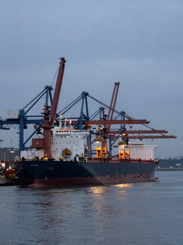 Wide environmental shot of a deep-water port loading terminal at dusk, crane gantries extending over moored bulk carrier vessels, overcast cool-grey sky, steel and concrete infrastructure filling the frame, no people visible
