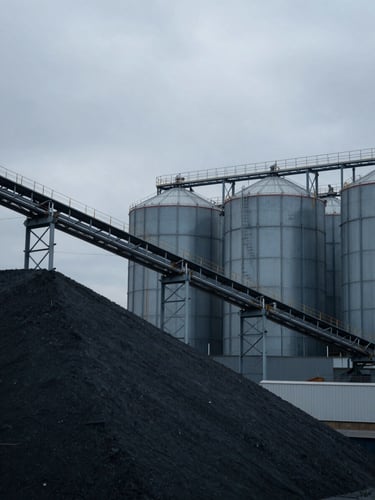 Close-up wide shot of a bulk commodity terminal, steel conveyor infrastructure and storage silos under flat overcast sky, cool grey industrial light, no people, muted navy and charcoal tones throughout