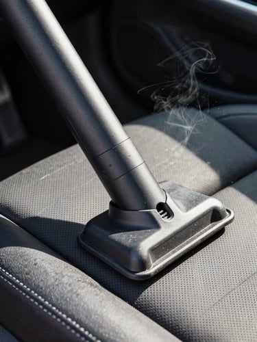 Close-up portrait of a professional steam extractor nozzle deep cleaning a dark textured car seat, bright natural daylight, high contrast, fine water vapor visible