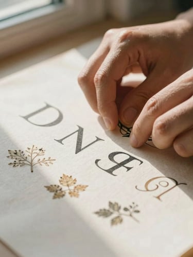 A close-up of a designer's hands arranging physical type specimens on a heavy linen paper stock. Warm morning sunlight streams across the textured surface, highlighting the crisp letter edges.