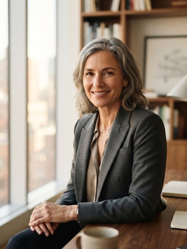 Close-up environmental portrait of an executive in a sunlit architectural office, warm editorial tones, shallow depth of field, 85mm lens