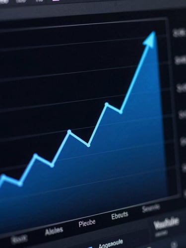 Macro shot of a YouTube analytics dashboard on a dark screen, showing a steep upward trend line in electric blue, low-key studio lighting, shallow depth of field.
