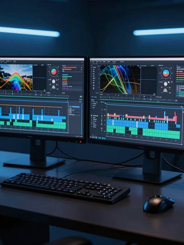 A dark professional editing suite with dual monitors displaying complex video timelines and high-retention analytics graphs, illuminated by cool blue neon lights