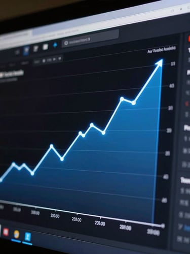 Tight close-up of a real YouTube analytics dashboard showing a steep upward trajectory, glowing blue line graph against a dark interface, low-key studio lighting, high contrast