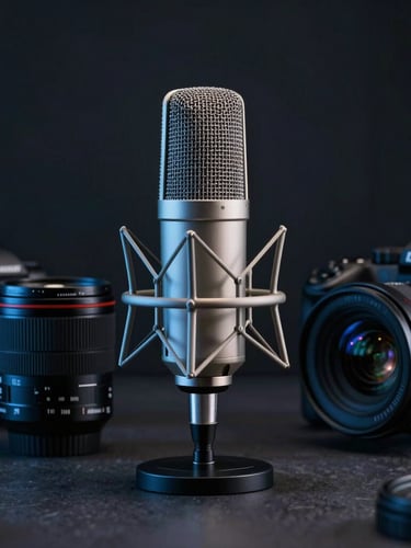 Professional studio microphone and camera lens arranged on a dark workspace, moody low-key lighting with cool blue key lights, cinematic composition.