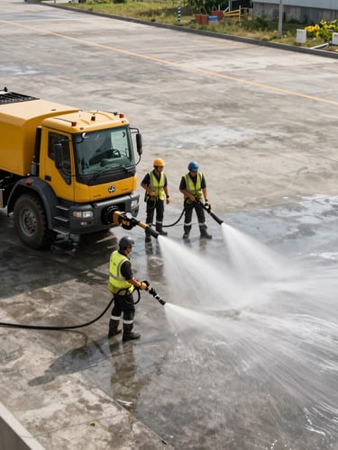 Wide environmental shot of a crew operating industrial pressure washing equipment on a large concrete apron beside heavy machinery, water pressure visible, overcast daylight, scope of work evident across the full frame
