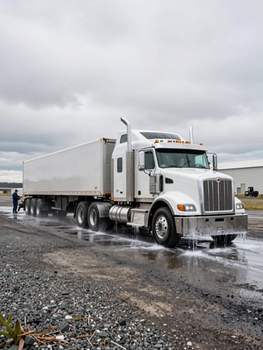 Wide environmental shot of a heavy fleet truck being power washed on an industrial work site in rural Idaho, overcast daylight, water pressure stripping grime from the truck's chassis, expansive gravel yard visible to the left, crew member in the background operating equipment