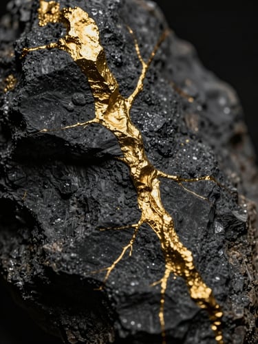 An extreme close-up of raw gold ore veins embedded in dark quartz, low-key dramatic lighting, sharp macro focus, metallic gold highlights against deep graphite shadows.